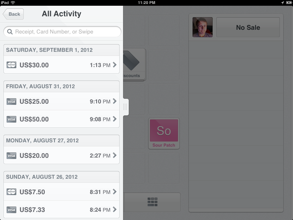Square Point of Sale transaction history on iPad (2012)